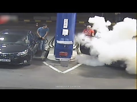 gas pump worker douses cigarette and stubborn smoker