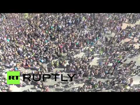 drone footage of revelers at the festival of colors in moscow